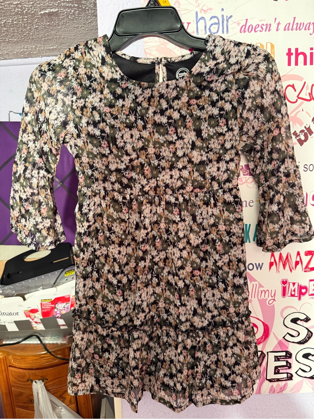 wonder nation Black Floral Tiered Dress with Pink and Cream Accents